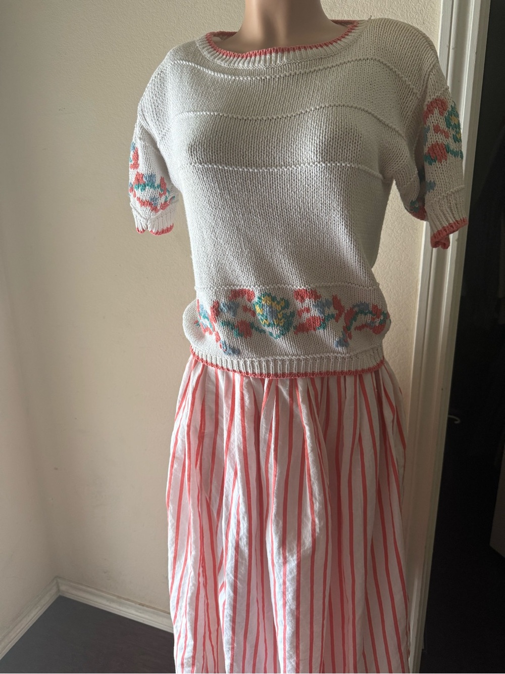 White Knit Top with Coral-Striped Maxi Skirt